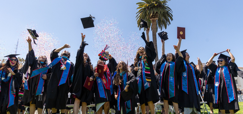 A group of LMU graduates throwing their hats in the air.